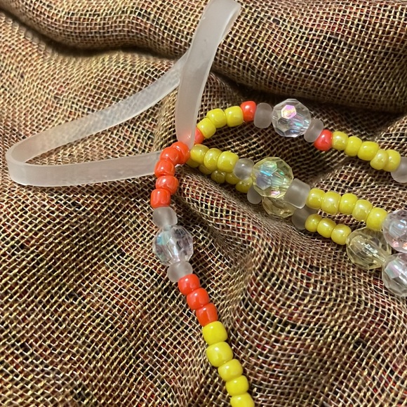 Embellished Clear Hair Elastic w Hand Beaded Streamers Bright Yellow & Orange - Picture 2 of 5